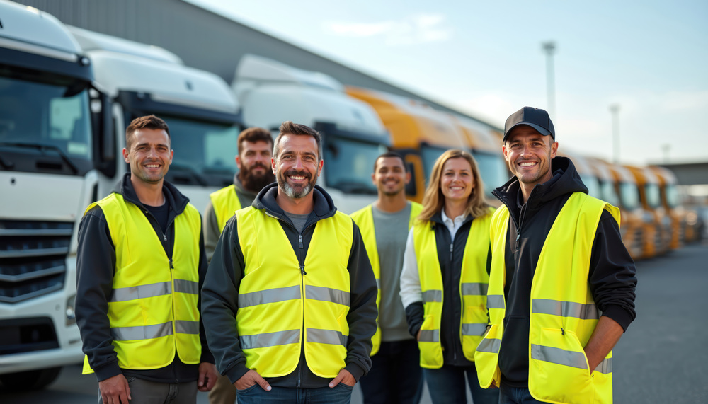 Diverse team truck drivers smiling standing confidently in front of fleet semi-trucks wearing reflective vests. Modern logistics warehouse background represents transportation commercial industry